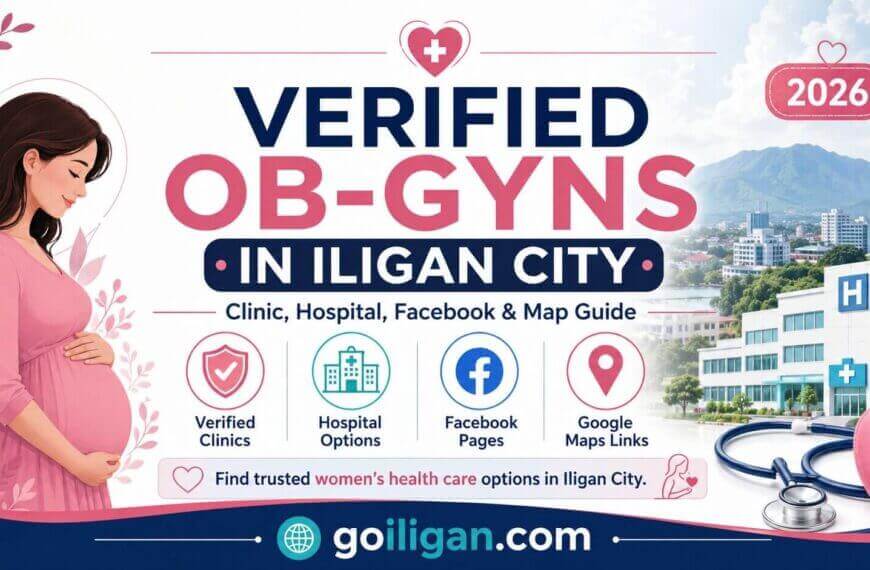 infographic of verified ob gyns iligan city, clinics, and hospitals with icons and a pregnant woman.