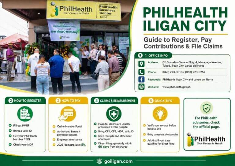 people gathered outside philhealth iligan city; guide on how to register and pay contributions is displayed.