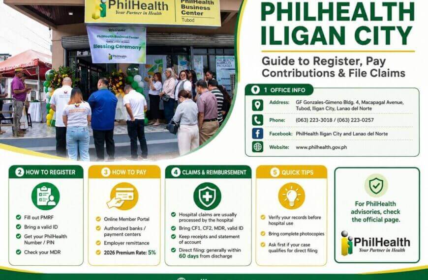people gathered outside philhealth iligan city; guide on how to register and pay contributions is displayed.