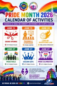 pride month 2026 activities calendar with event dates, icons, and locations in colorful design.