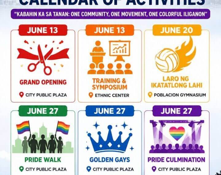 pride month 2026 activities calendar with event dates, icons, and locations in colorful design.