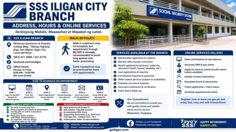 sss iligan city branch info: branch address, hours, services, walk in policy, appointment steps, and online services.