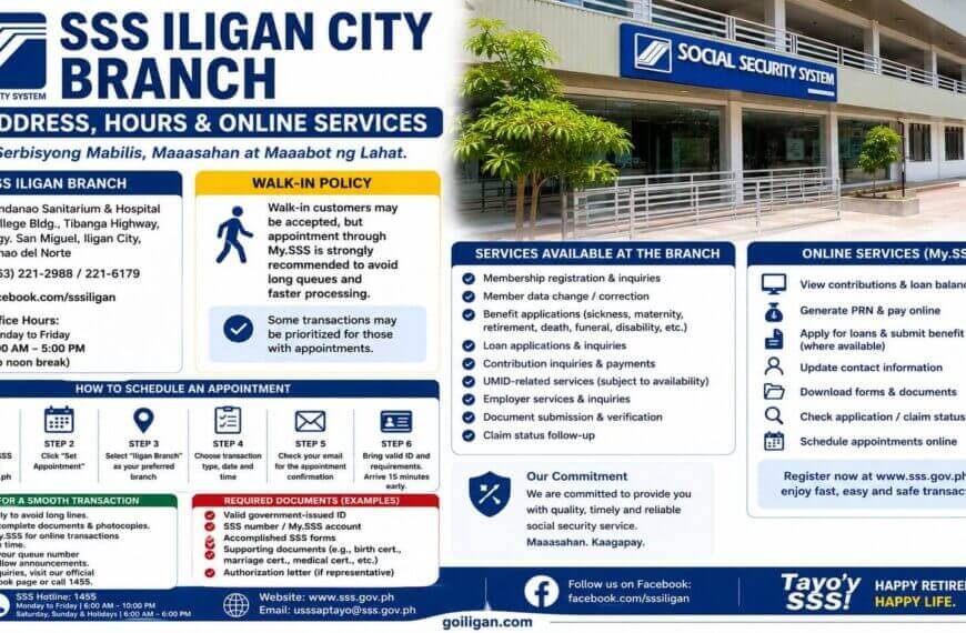 sss iligan city branch info: branch address, hours, services, walk in policy, appointment steps, and online services.