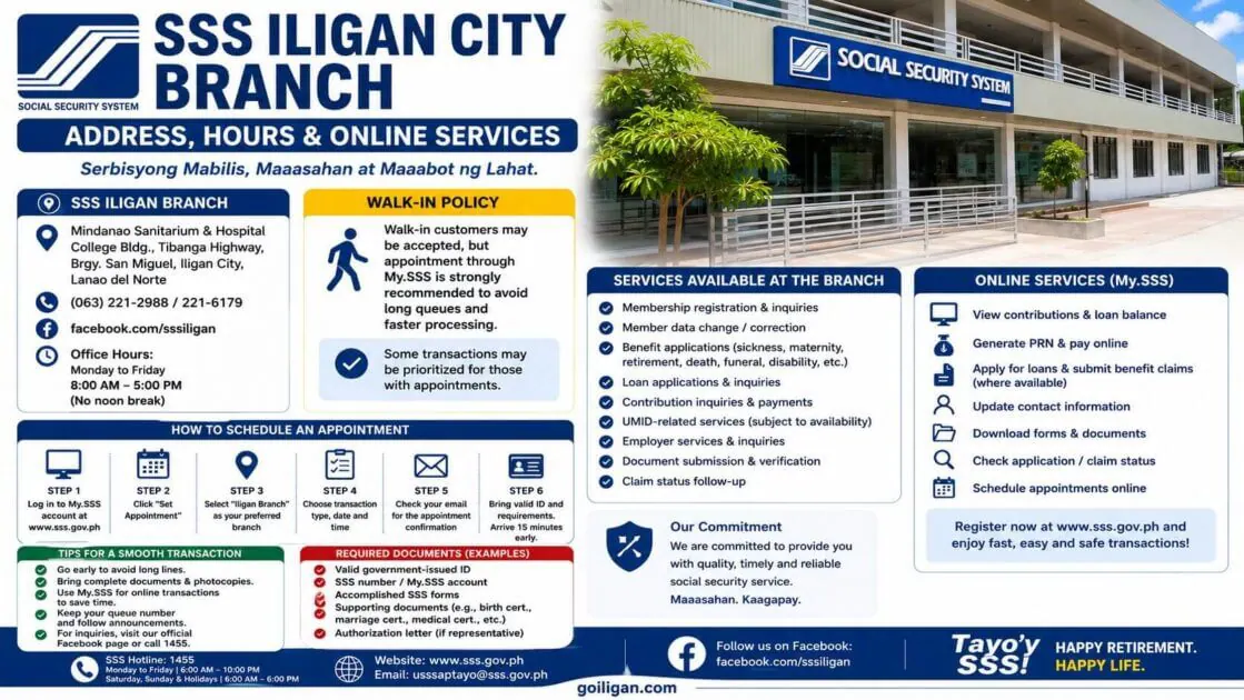 sss iligan city branch info: branch address, hours, services, walk in policy, appointment steps, and online services.