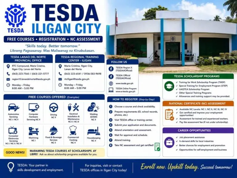 informational flyer for tesda iligan city on free courses, nc assessment, registration, scholarships, and contacts.