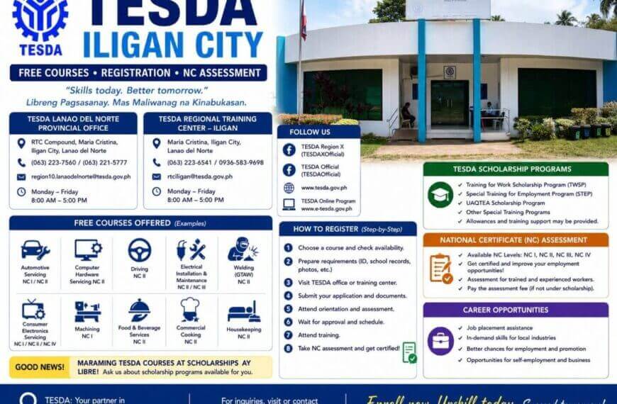 informational flyer for tesda iligan city on free courses, nc assessment, registration, scholarships, and contacts.