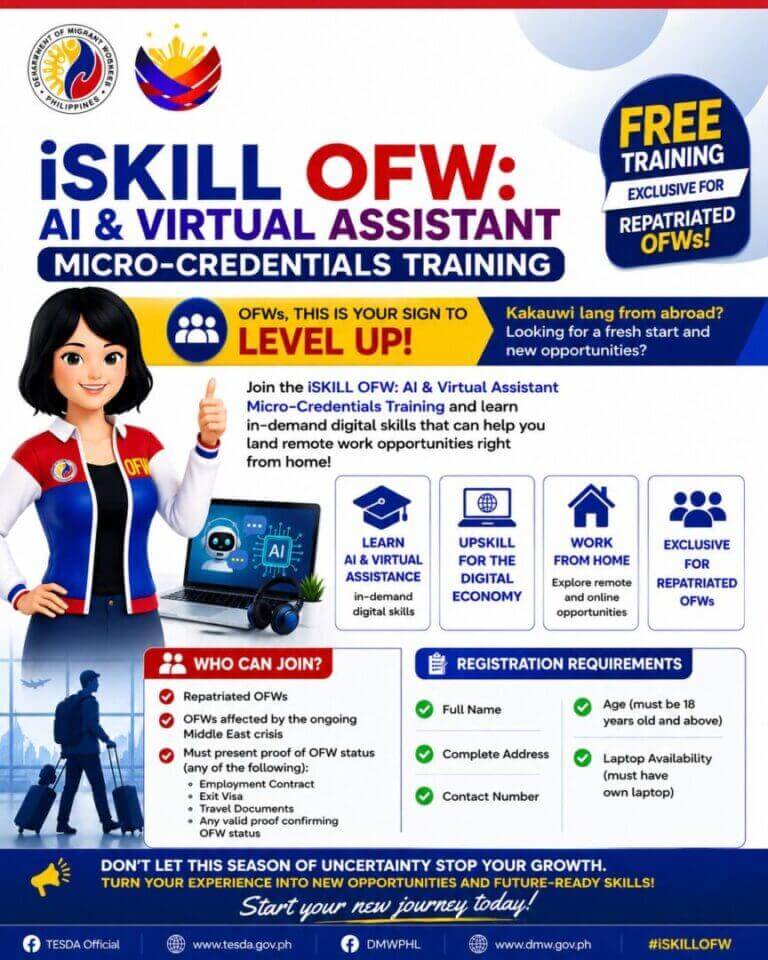 promotional poster for free ai micro credentials and va training for returning overseas workers, plus sign up details.