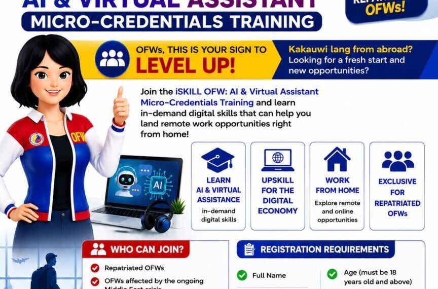 promotional poster for free ai micro credentials and va training for returning overseas workers, plus sign up details.