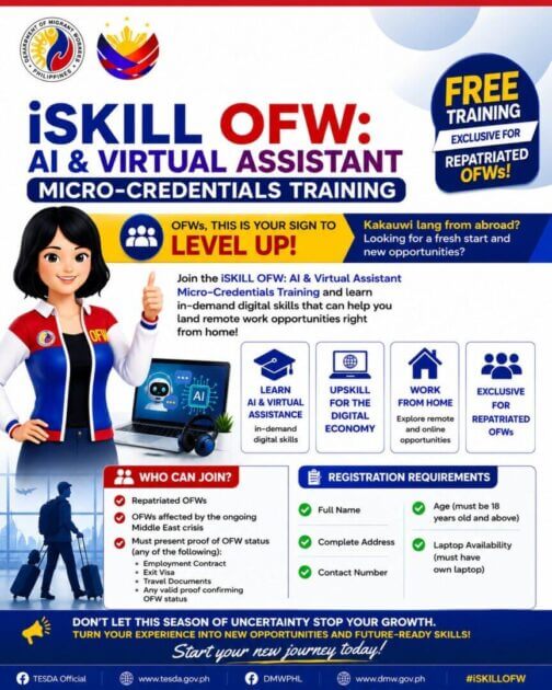 promotional poster for free ai micro credentials and va training for returning overseas workers, plus sign up details.