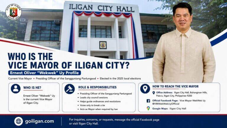infographic on vice mayor of iligan city, ernest oliver uy—featuring his role and contact details.