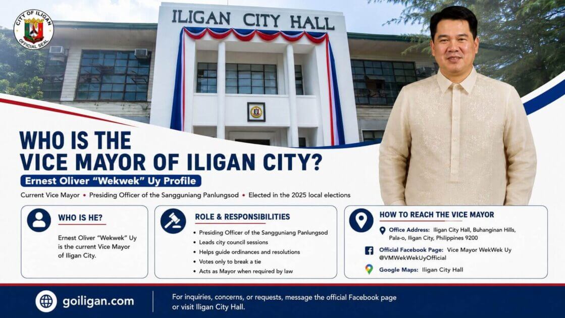infographic on vice mayor of iligan city, ernest oliver uy—featuring his role and contact details.