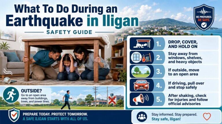 a family hides under a table during an earthquake; iligan safety guide steps are listed on the right side of the image.