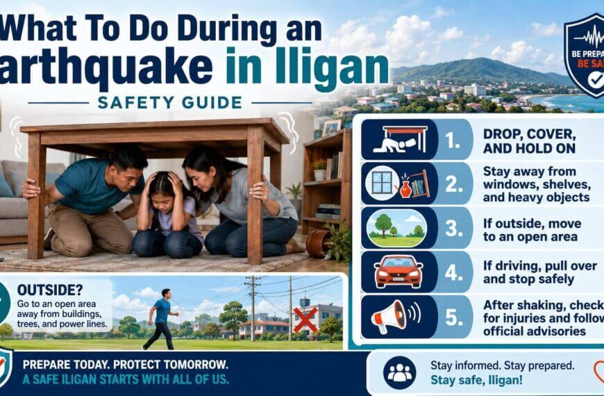 a family hides under a table during an earthquake; iligan safety guide steps are listed on the right side of the image.