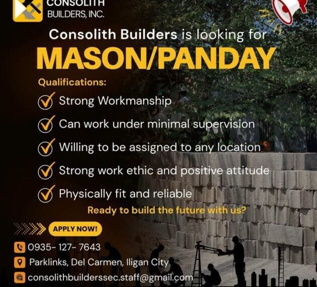 Job Alert in Iligan: Consolith Builders Opens 12 Construction Vacancies