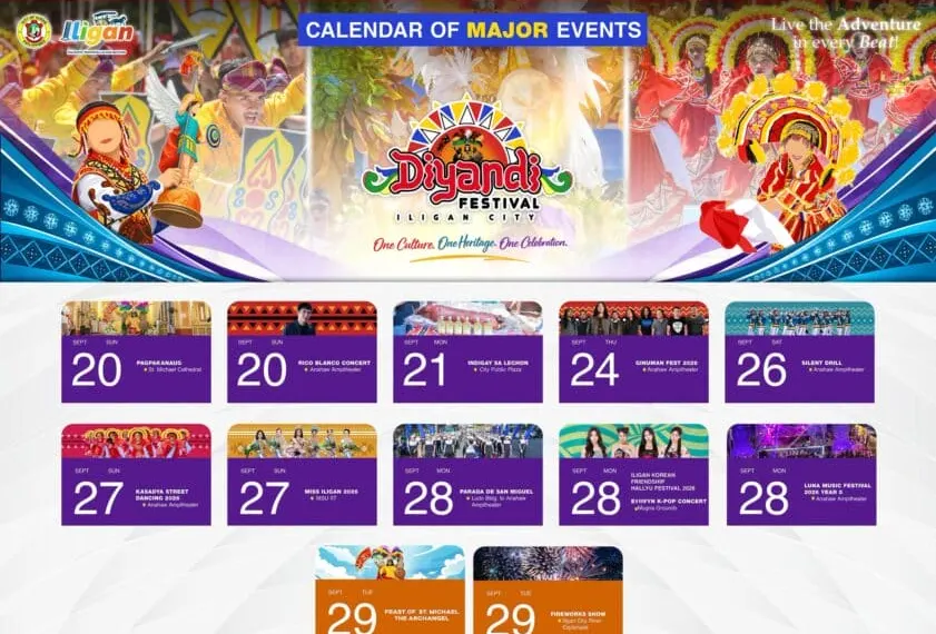 Diyandi Festival 2026 calendar of major events in Iligan City from September 20 to 29